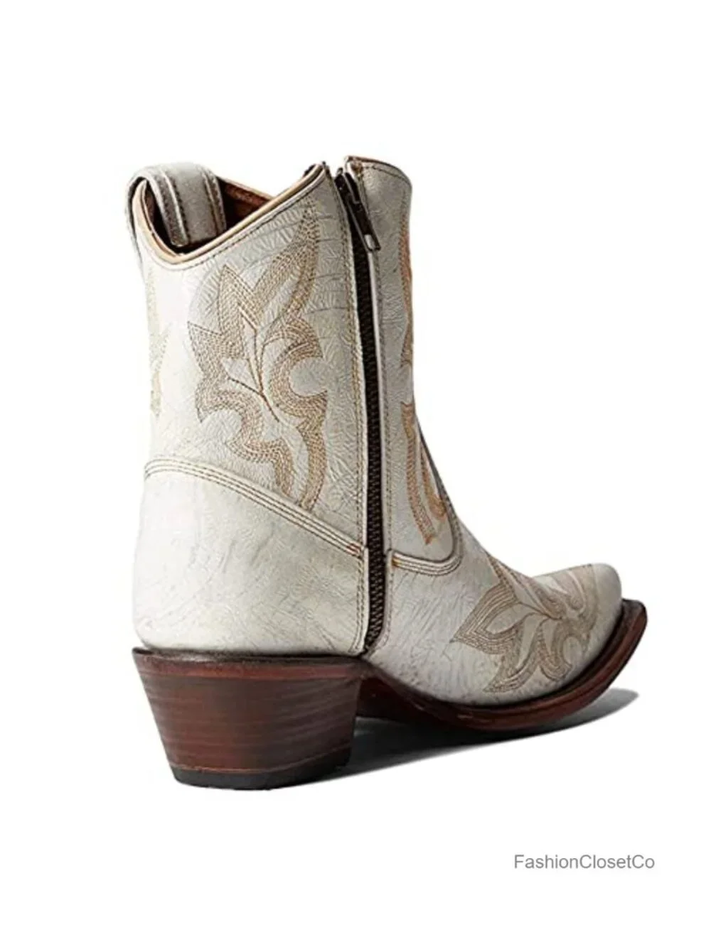 Women's Cowhide Leather Western Cowboy Ankle Boots with Embroidery and Zipper